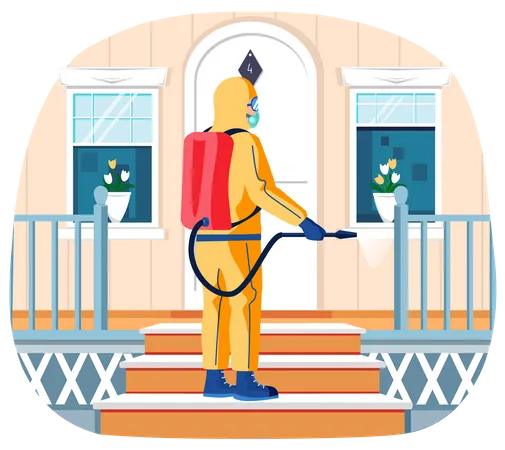 Sanitary worker cleans porch  Illustration