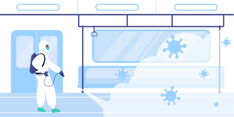 Sanitization worker spraying inside bus  Illustration