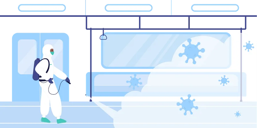 Sanitization worker spraying inside bus  Illustration