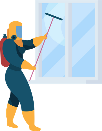 Sanitizing workers cleaning window mirror Illustration