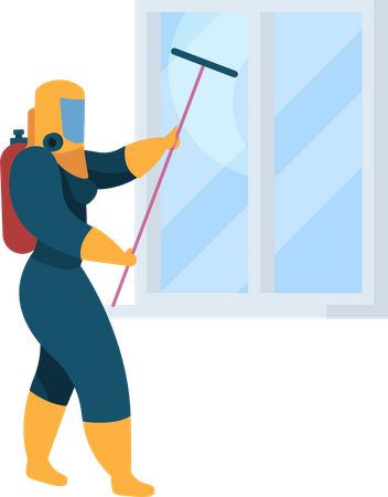 Sanitizing workers cleaning window mirror  イラスト