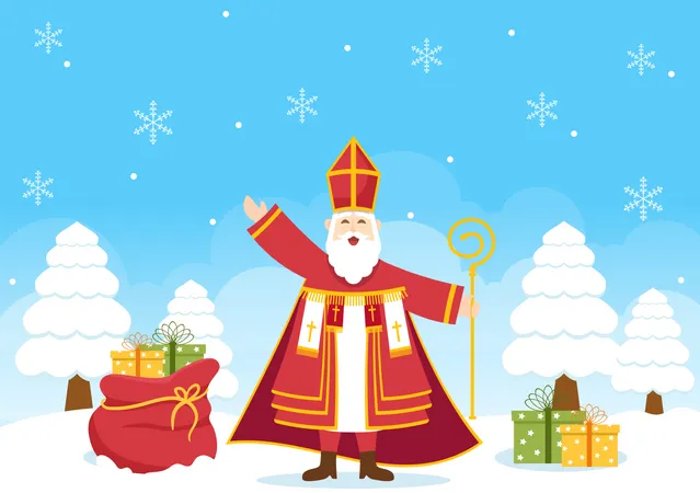 Vorlage Fur Den Nikolaustag Oder Die Sinterklaas Feier Handgezeichnete Cartoon Flachillustration Mit Geschenkbox Und Winterlichem Hintergrunddesign Illustration