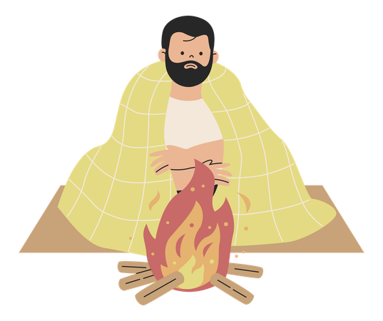 Homme sans abri assis près du feu  Illustration