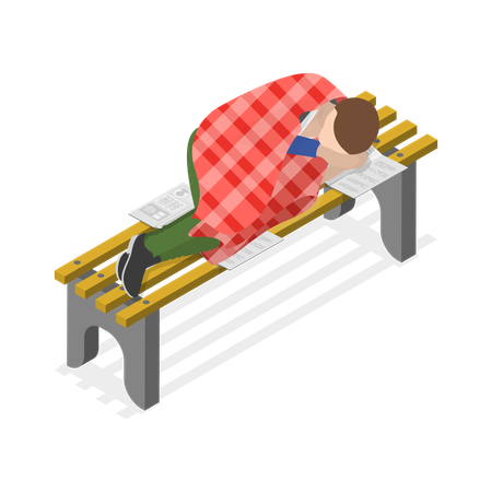 Homme sans abri dormant sur un banc  Illustration