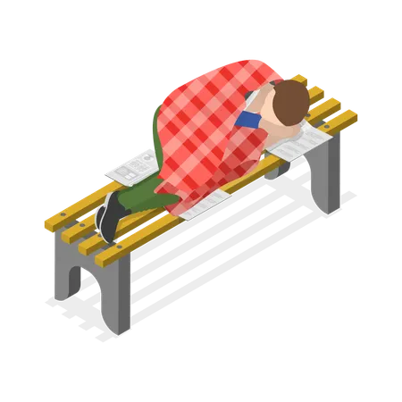 Homme sans abri dormant sur un banc  Illustration