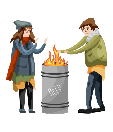 Des hommes et des femmes sans abri se serrant la main sur le feu en hiver  Illustration