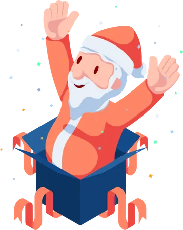 Flat 3 D Isometric Santa Claus Come Out From Black Present Box Christmas Sale Concept Illustration