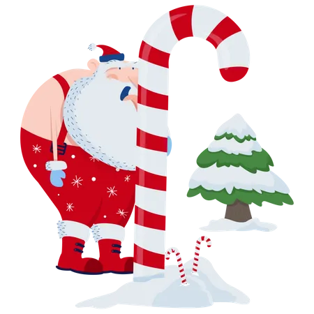 Santa In Winter Licks A Big Lollipop Illustration