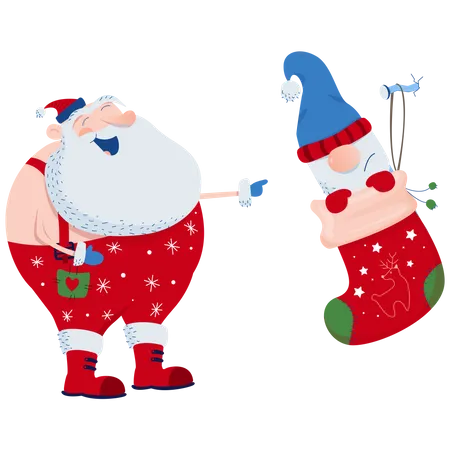 Santa Laughs At A Dwarf In A Sock Illustration