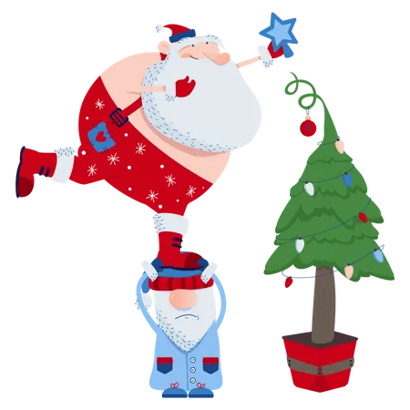 Santa and decorates the tree  Illustration