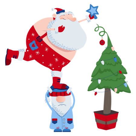 Santa and decorates the tree  Illustration