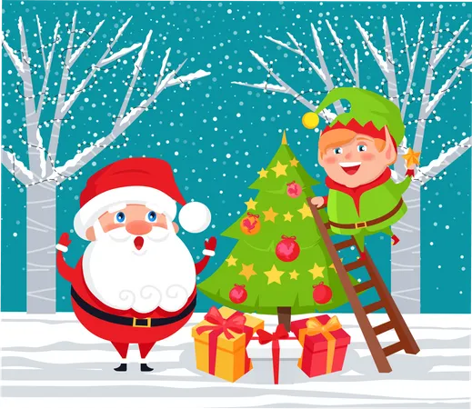 Santa and elf decorating christmas tree  Illustration