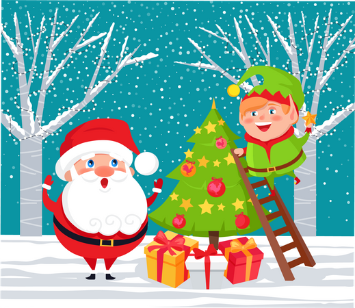 Santa and elf decorating christmas tree  Illustration