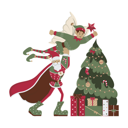 Santa and elf decorating the tree Illustration