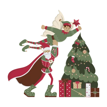 Santa and elf decorating the tree  Illustration