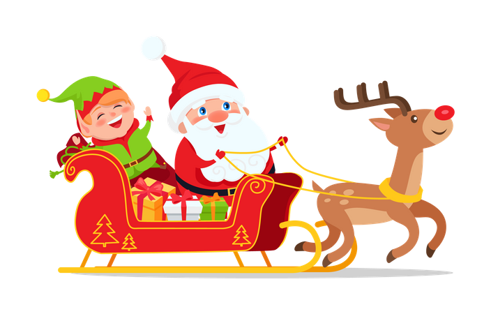 Santa and elf in carriage of deer on their way to bring presents into every home Illustration