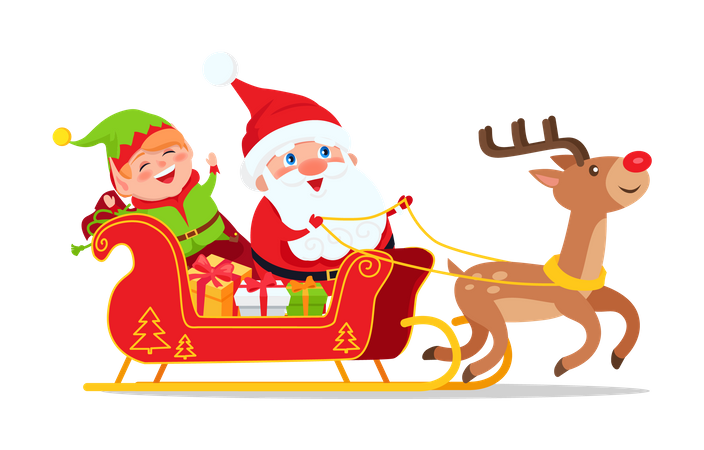 Santa and elf in carriage of deer on their way to bring presents into every home  Illustration