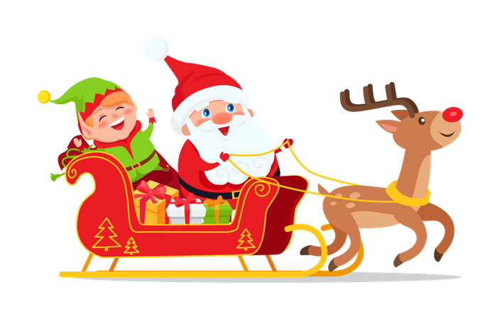 Santa and elf in carriage of deer on their way to bring presents into every home  Illustration