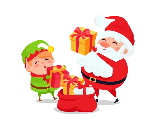 Santa and Elf with presents and gift bags Illustration
