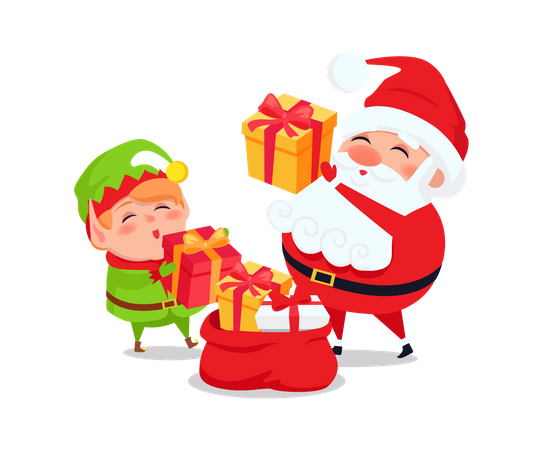 Santa and Elf with presents and gift bags  Illustration