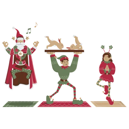 Santa and elf's doing yoga  イラスト