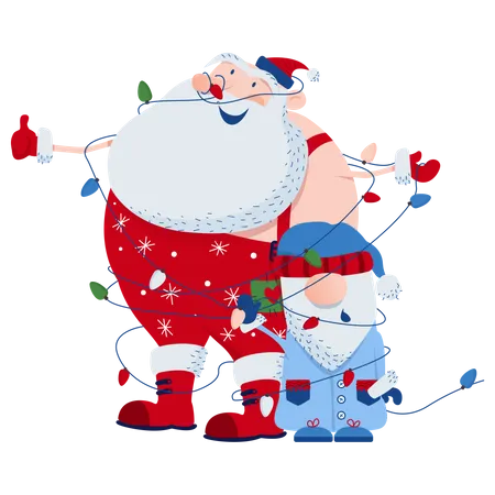Santa And The Gnome Wrapped Themselves In A Christmas Tree Garland Illustration
