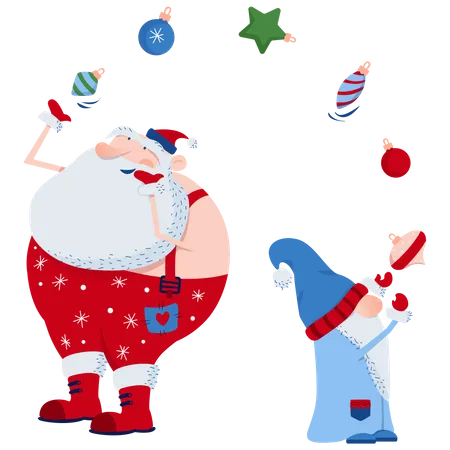 Gnome And Santa Juggle With Christmas Decorations Illustration