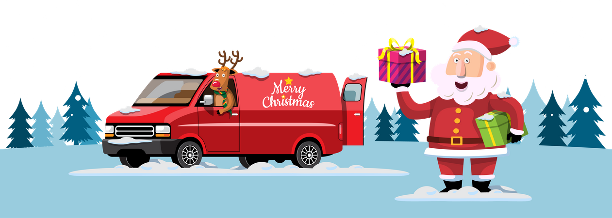 Santa And reindeer delivering gifts Illustration