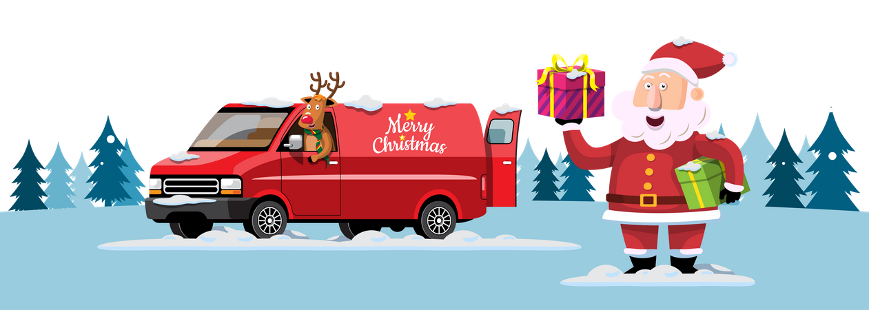 Santa And reindeer delivering gifts  Illustration