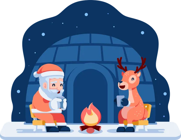 Santa and Reindeer Drinking Tea Around Campfire Illustration