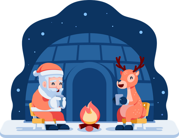 Santa and Reindeer Drinking Tea Around Campfire  Illustration