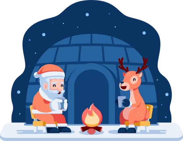 Santa and Reindeer Drinking Tea Around Campfire  Illustration