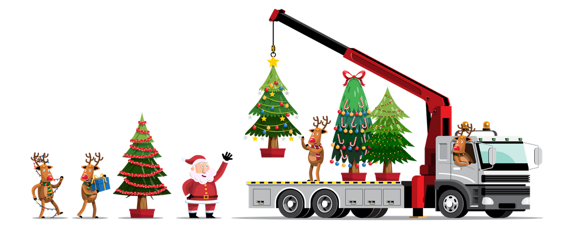 Santa and reindeer loading Christmas trees in truck using crane  Illustration