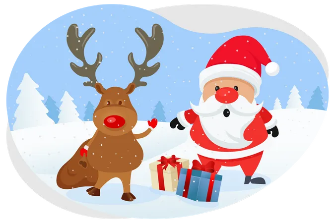 Santa and reindeer providing gifts Illustration