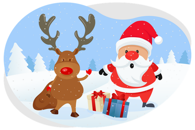 Santa and reindeer providing gifts  Illustration