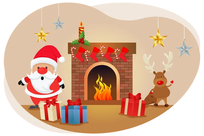 Santa and reindeer with christmas gift  Illustration