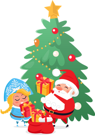 Santa and Snow-maiden Taking out Presents Vector  イラスト