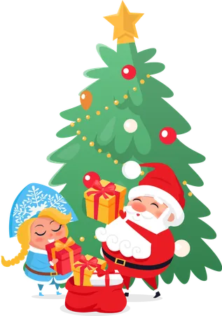 Santa and Snow-maiden Taking out Presents Vector  Illustration