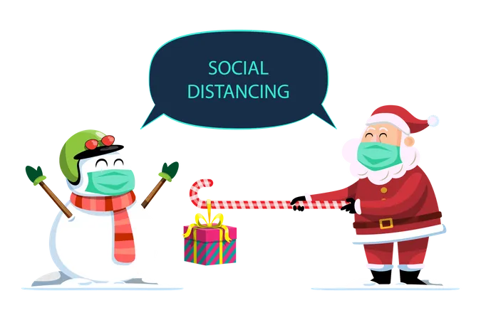 Merry Christmas And Happy New Year With Life In New Narmal From Coronavirus Snowman And Santa Character With Masks Social Distancing For Holiday Cards Invitations And Website Celebration Decoration Illustration