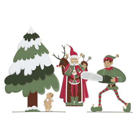 Santa and the elf cutting tree with chainsaw Illustration