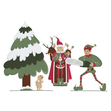 Santa and the elf cutting tree with chainsaw  Illustration