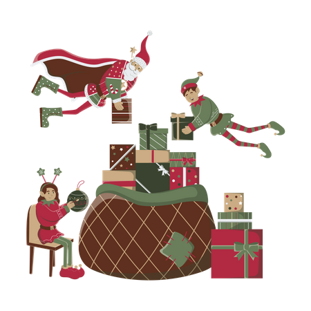 Santa and the elves holding big bag of gifts Illustration