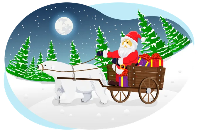 Papai Noel andando em veículo de urso branco  Ilustração