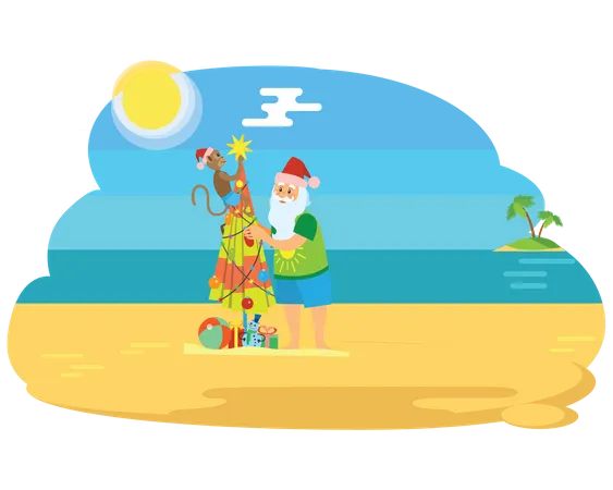 Santa At Beach  Illustration