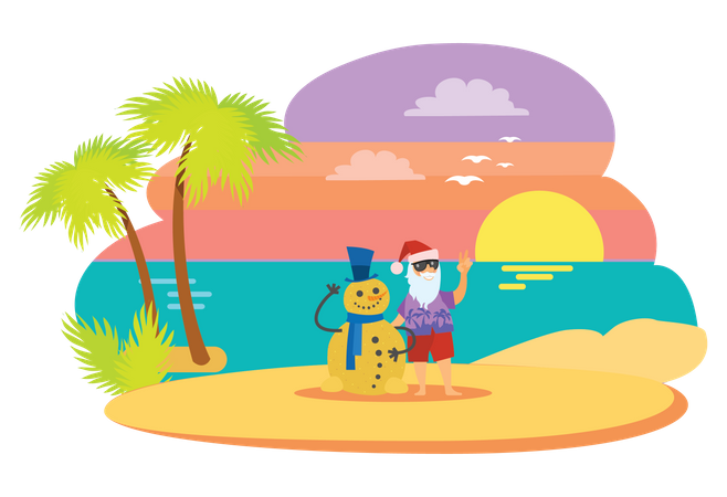 Santa At Beach  Illustration