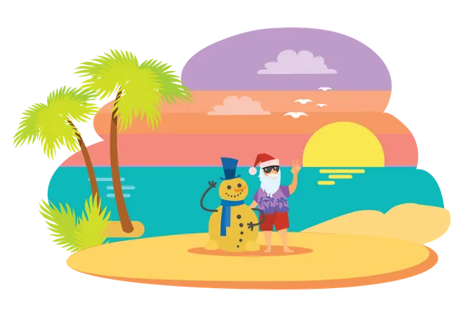 Santa At Beach  Illustration