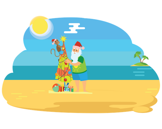 Santa At Beach  Illustration