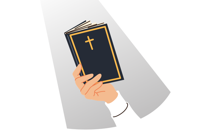 Santa Biblia en mano de un hombre leyendo oraciones y mandamientos con una cruz cristiana en la portada  Ilustración