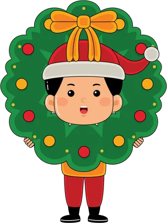 Santa boy holding Christmas wreath  Illustration