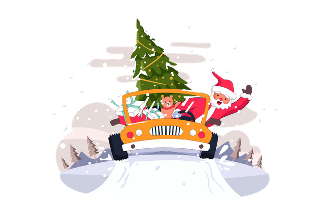 Santa bringing Christmas tree and gifts Illustration